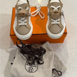 Hermès Day Sneakers; white, taupe and rose gold